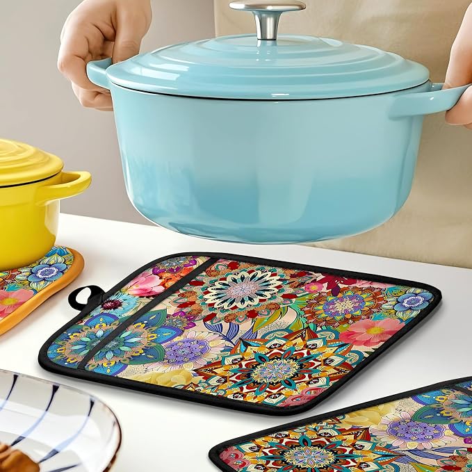 Boho Floral Oven Mitts Set, Vintage Luxury Colorful Flower Floral Heat Resistant Kitchen Oven Gloves for Baking and Cooking,Pot Holders