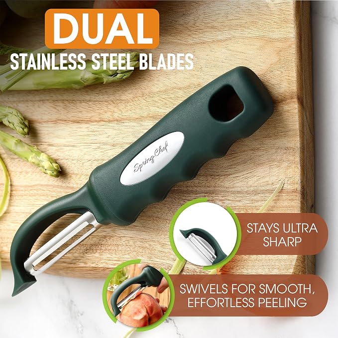 Spring Chef Swivel Potato Peeler w/Soft Grip Handle, Set of 2, Pine Green | Premium Vegetable Peeler w/ Sharp Stainless Steel Blades, Multifunctional Food Peeler for Apple, Carrot, Cucumber, Fruit