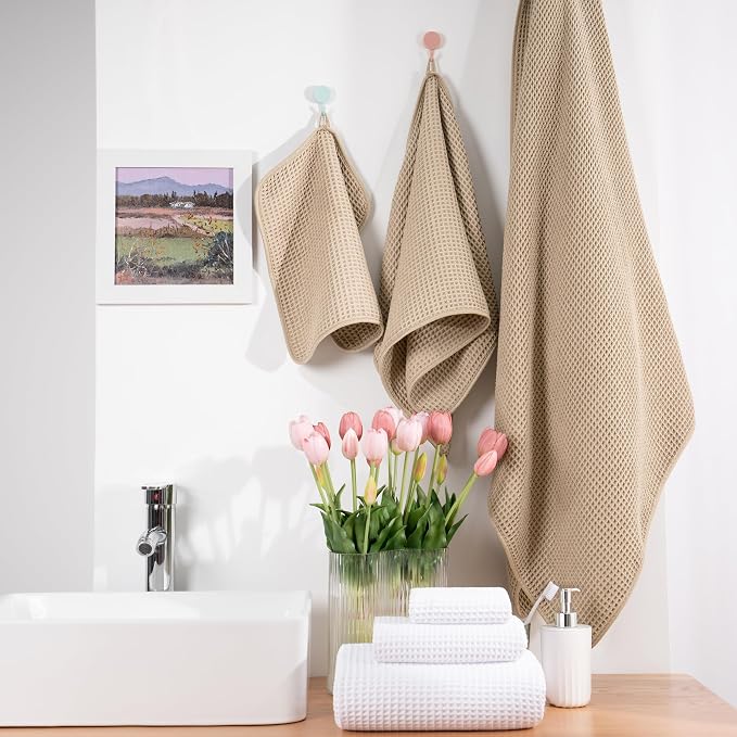 POLYTE 430 GSM Poly Blend Microfiber Quick Dry Waffle Bath Towel Set of 6 | 2-Body Towels, 2-Hand Towels, 2-Wash cloths, Oversize, Lint Free