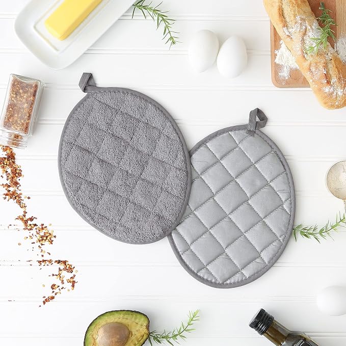 DII Basic Terry Collection Quilted 100% Cotton, Oval Potholder, Gray, 2 Piece