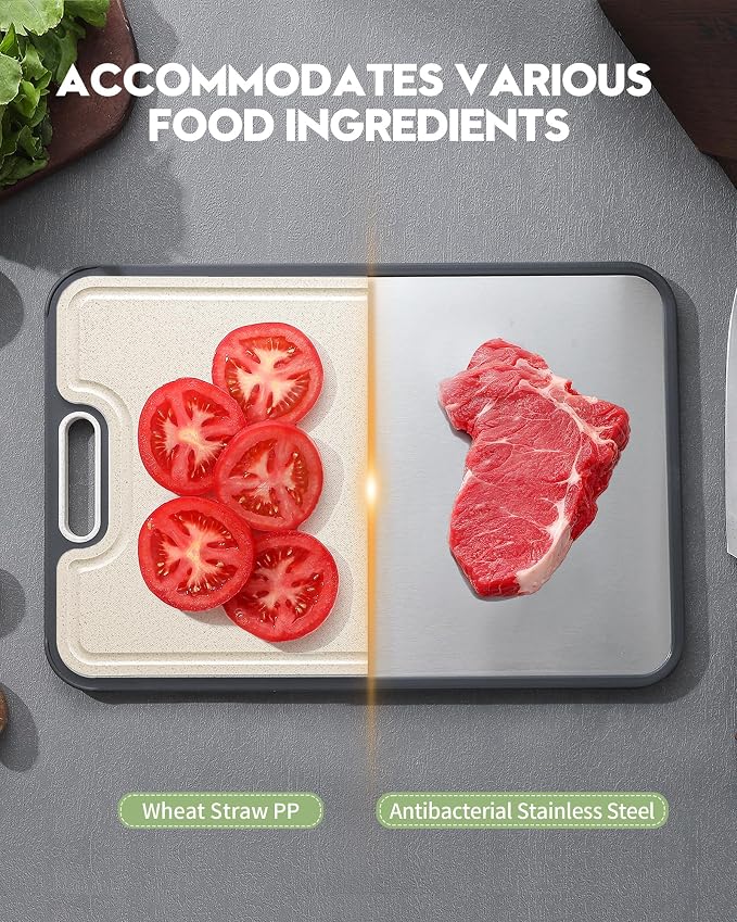 Stainless Steel Cutting Board for Kitchen, Non Toxic Double Sided Cutting Board, Food Grade Pure Stainless Steel & Wheat Straw PP, Meat & Vegetable Chopping Boards, Scratch Resistant, Large 16”×11”