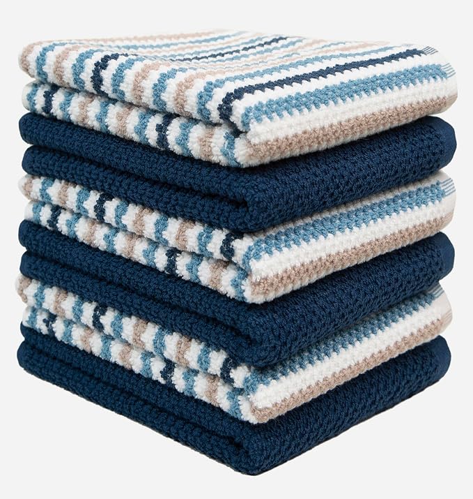 Bumble Kitchen Towels 6 Pack 100% Cotton 16"x26" - Blue Wide Stripe | 430 GSM Soft Kitchen Hand Towels with Hanging Loop, Highly Absorbent & Durable for Washing and Drying Dishes