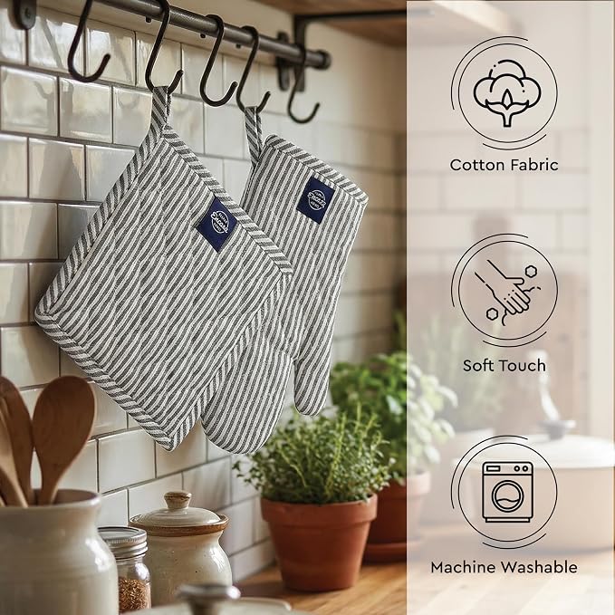 Encasa XO Oven Mitts and Pot Holders Set, Heat Resistant Cotton | Ticking Black, Diamond Quilted | Non-Slip Grip | Microwave & Oven Safe | Hanging Loop | Machine Washable | Set of 2