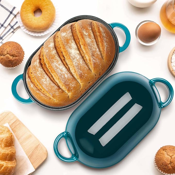 Homikit Enameled Cast Iron Dutch Oven for Bread Baking, 2.8 QT Oval Bread Oven Pot with Lid, 9.5 x 5.7 Inch Sourdough Loaf Baking Pan for Homemade Bread, Heavy Duty & Oven Safe, Dark Green