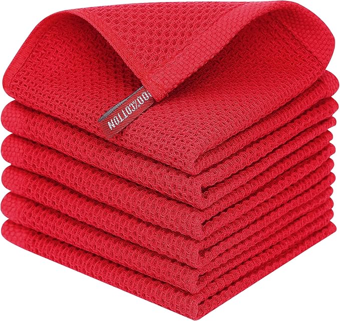 Homaxy 100% Cotton Waffle Weave Kitchen Dish Cloths 6-Pack, Red | 12 x 12 Inches, Ultra Soft Absorbent Dish Towels, Quick Drying Dish Rags with Hanging Loop