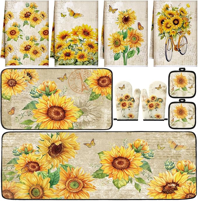 Fourluoo 10 Pcs Sunflower Kitchen Dish Towels Rugs Oven Mitts and Pot Holders Set Farmhouse Kitchen Decor Set for Women Mom Daughter Gift Cooking Baking Grilling (Retro Yellow)