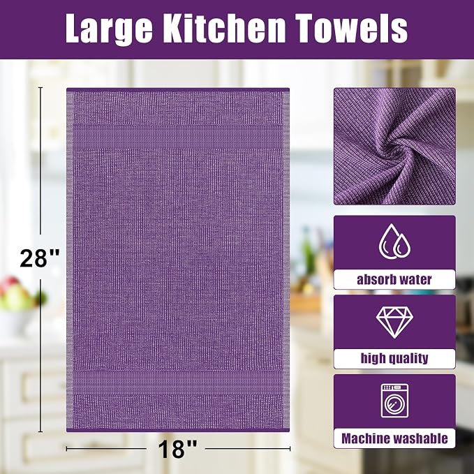 Homaxy 380 GSM Cotton Premium Kitchen Towels 6 Pack, 18"x 28", Purple | Flat and Terry Dish Towels, Highly Absorbent Tea Towel Set with Hanging Loop, Soft Utility Kitchen Hand Towels
