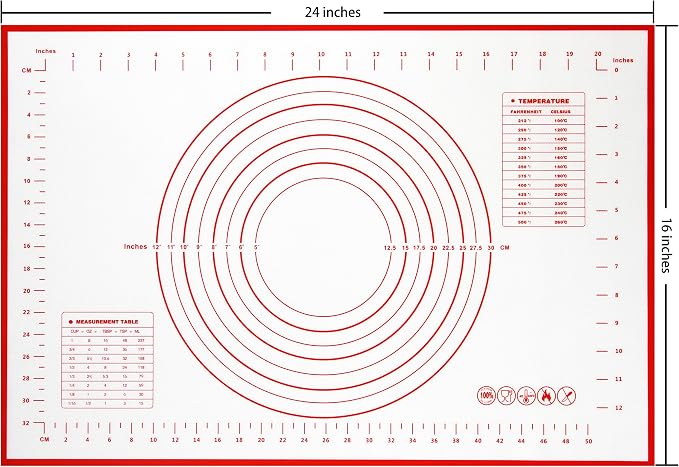 Yansumi silicone pastry non stick baking mat with measurement fondant mat with three sizes for silicone baking mat, counter mat, dough rolling mat,fondant/pie crust mat (Red, 24"L x16"W)