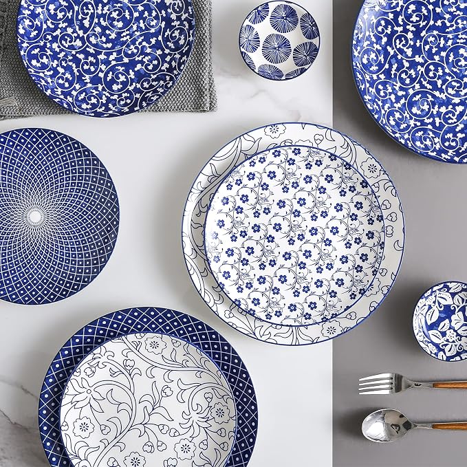 Selamica 8 inch Porcelain Dinner Plates, Large Size Serving Plate for Salad, Pancakes, Steak, Set of 6, Vintage Blue