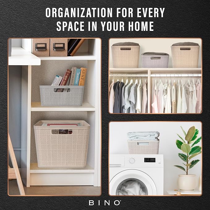BINO | Woven Plastic Basket | Large (Natural Grey), 3-Pack | THE JUTE COLLECTION | Home Organization, Space - Saving Storage, Stylish Design | Jute Basket | Plastic Storage Basket