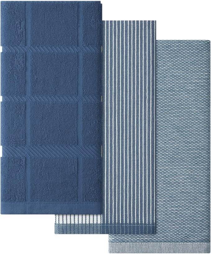 Homaxy 3 Pack Cotton Terry Premium Kitchen Towels, 18 x 28 in, Navy Blue | Large 380 GSM Dish Towels, Highly Absorben Flat & Terry Kitchen Hand Towels, Soft Utility Tea Towel Set with Hanging Loop