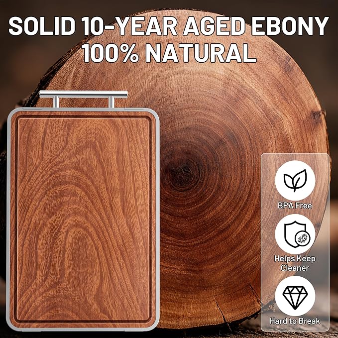 Titanium Cutting Boards For Kitchen,Ebony Wood Cutting Board,Double Sided Metal Chopping Board With Handle And Juice Groove, Idea Kitchen Appliances For Meat And Charcuterie