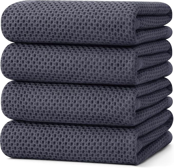 Kitinjoy 100% Cotton Waffle 4-Pack Kitchen Towels, 20" x 28", Dark Grey | Super Soft, Ultra-Absorbent, Fast Drying, lightweight, Quick Drying Kitchen Hand Towels