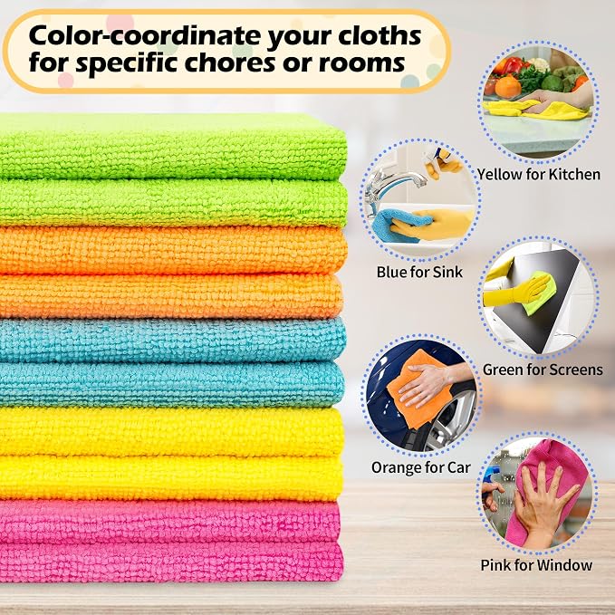 Microfiber Cleaning Cloth, 20 Pack Cleaning Rags, Cleaning Towels for Housekeeping, Kitchen, Car, Lint-Free, Reusable Shop Towels with 5 Colors (Green/Blue/Yellow/Orange/Pink), 12"X12"