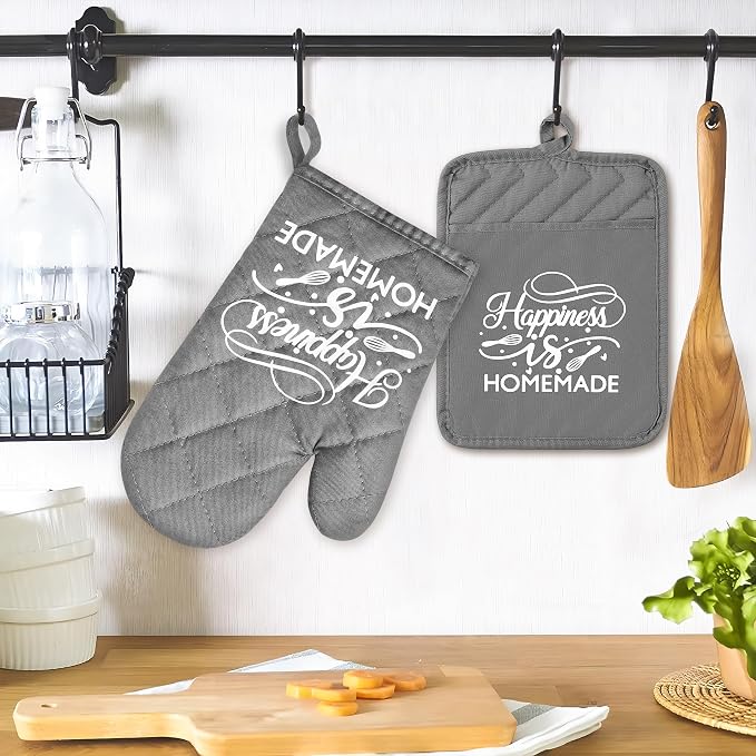 6Pcs Cotton Oven Mitts and Pot Holders Set Happiness is Homemade Heat Resistant Hot Pad Machine Washable Microwave Gloves with Hanging Loop Pocket Potholder for Kitchen Baking Cooking Grilling
