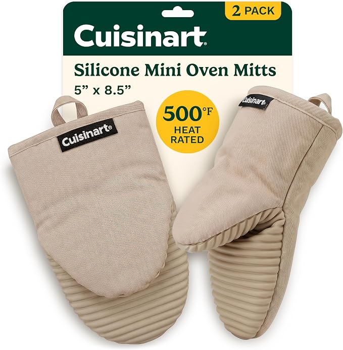 Cuisinart Mini Oven Mitts, 2-Pack 5"x8.5", Heat Resistant 500F | Compact pot holder for baking, air fryer, and cookware, silicone non-slip grip, hanging loop, fits either hand, wipes clean