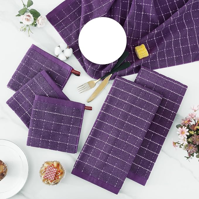 Homaxy Kitchen Towels and Dishcloths Set, Set of 10, Purple | Bulk Cotton Terry Kitchen Towels, Checkered Designed, Soft and Super Absorbent Dish Towels, 12 x 12 and 13 x 28 Inches