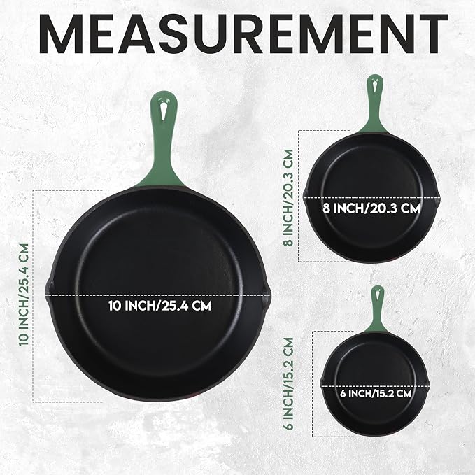 Utopia Kitchen Cast Iron Skillet Set 3 Piece 6 8 10 Inch PFAS-Free Green | Chef Pan, Even Heat Distribution, Stovetop, Campfire and Grill Safe, Large Skillet Set, Indoor Outdoor Use