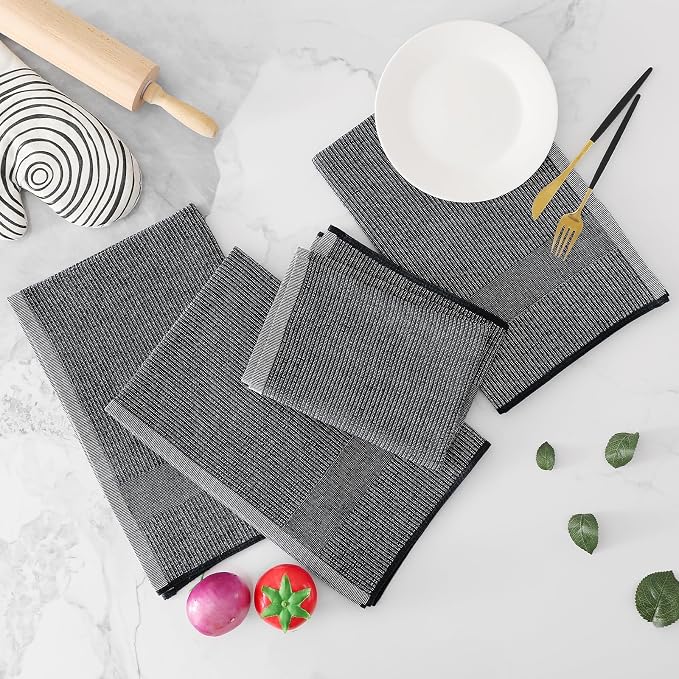Homaxy 380 GSM Cotton Premium Kitchen Towels 8 Pack, 18"x 28", Black | Flat and Terry Dish Towels, Highly Absorbent Tea Towel Set with Hanging Loop, Soft Utility Kitchen Hand Towels