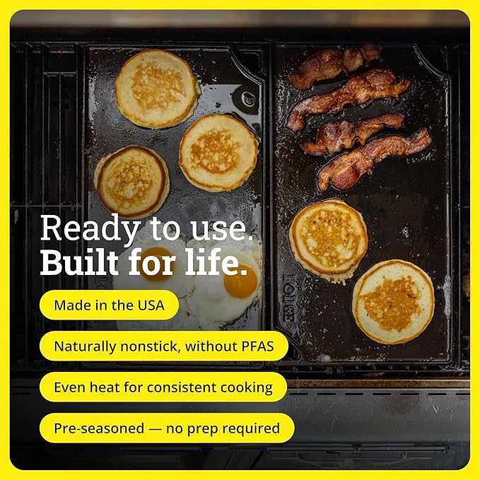 Lodge Reversible Cast Iron Grill/Griddle Pan 16.75 x 9.5 - Pre-Seasoned Dual-Sided Double Burner for BBQ, Eggs, Pancakes, Burgers - PFAS Free Cookware - Flat Top Plate for Oven, Grill, & Campfire