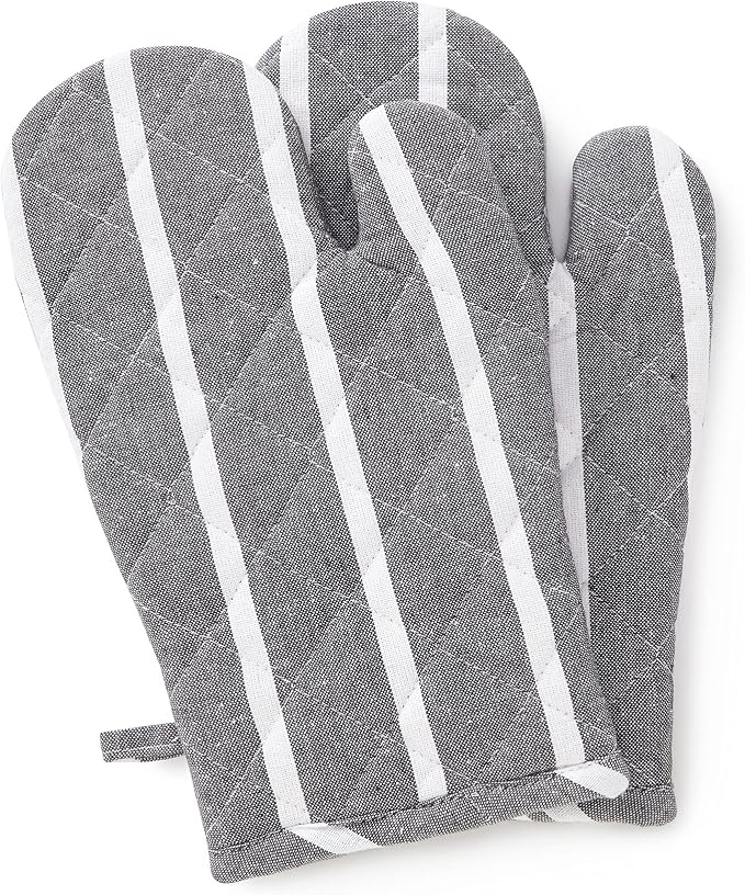 Encasa XO Oven Mitts, Heat Resistant Kitchen Gloves, Microwave | Roma Grey Stripes, 100% Cotton | Diamond Quilted Insulation | Pot Holders | Hanging Loop | Barbecue & Grill | Set of 2