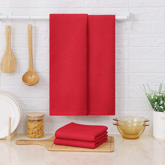 Kitinjoy 100% Cotton Waffle 4-Pack Kitchen Towels, 13" x 28", Red | Super Soft, Ultra-Absorbent, Fast Drying, lightweight, Quick Drying Kitchen Hand Towels