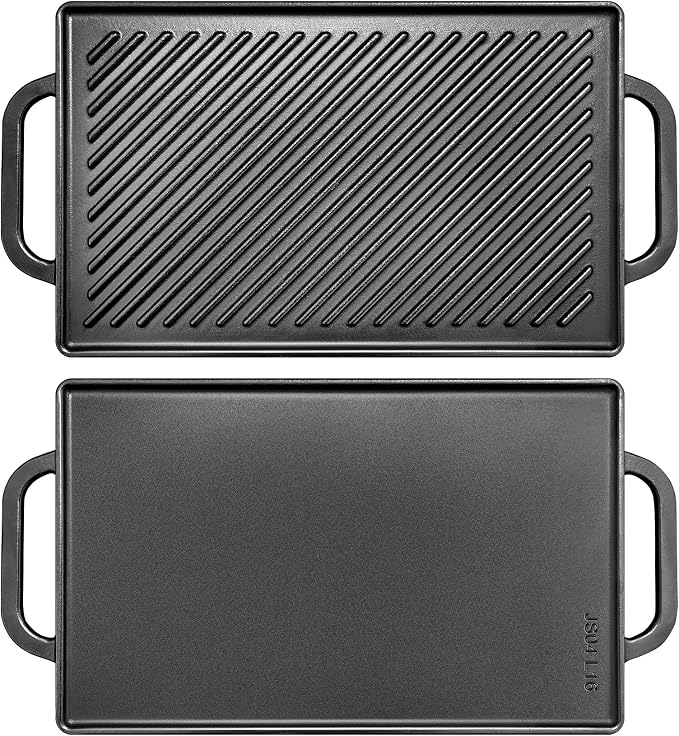 GGC Cast Iron Reversible Griddle | Double Sided Griddle Pan Perfect for Gas Grills and Stove Tops, 13 x 8.25 Rectangular Baking Flat and Ribbed Griddle Plate