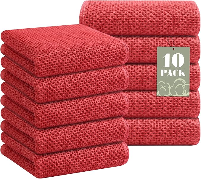 Homaxy 100% Cotton Waffle Weave Kitchen Towels, 10-Pack, Brick Red | Ultra Soft Absorbent Dish Towels, Quick Drying Cleaning Towels, 13 x 28 Inches
