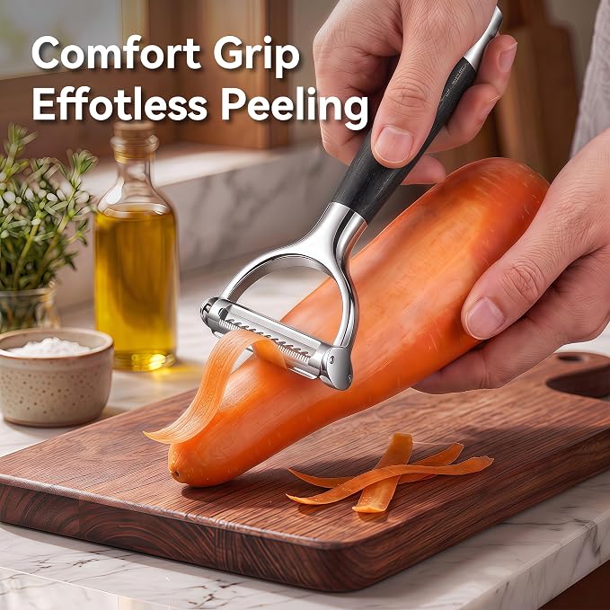Julienne Peeler Vegetable Peeler, 2-in-1 Y Peeler with Precision Flat & Serrated Blades, Ergonomic Non-Slip Handle Kitchen Tool for Potatoes, Carrots, Cucumbers, Zucchini, Fruits & Salads