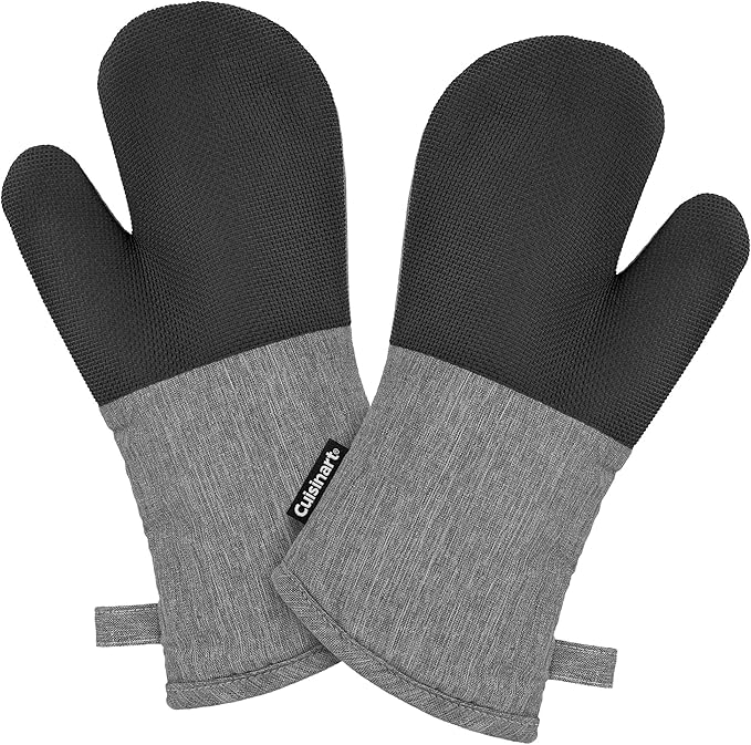 Cuisinart Chambray Kitchen Oven Mitts, Heat-Resistant, 2-Pack, 7"x13" | Non-slip neoprene palm grips up to 350°F, long cuff shields forearms, hang loop for storage, handles cast iron and grilling