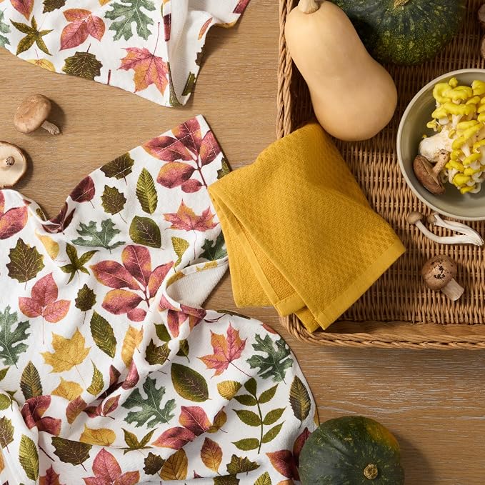 Martha Stewart Autumn Harvest Falling Leaves Kitchen Towel 3-Pack Set, 100% Cotton with Absorbent Terrycloth, Decorative Kitchen Towels, Tan/Red/Green, 16"x28"