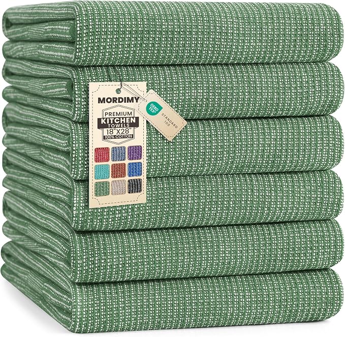 Mordimy Premium Cotton Kitchen Towels (18"x 28", 6 Pack), Grass Green | 100% Ring Spun Cotton, Super Absorbent, 380 GSM, Flat & Terry, Soft, Hanging Loop Dish Towels