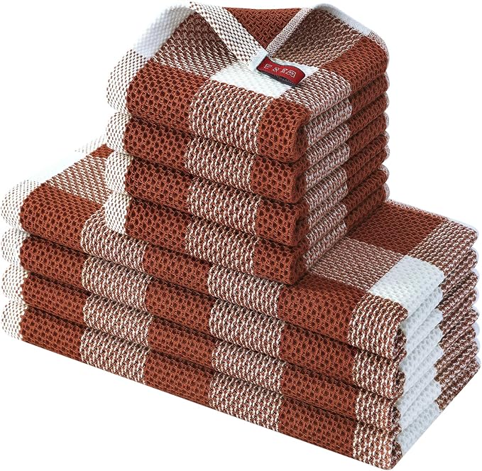 Homaxy Kitchen Towels and Dishcloths Set, Set of 8, White & Rust | Bulk Cotton Waffle Weave Check Plaid Kitchen Towels, Super Soft and Absorbent Dish Cloths, 12 x 12 and 13 x 28 Inches