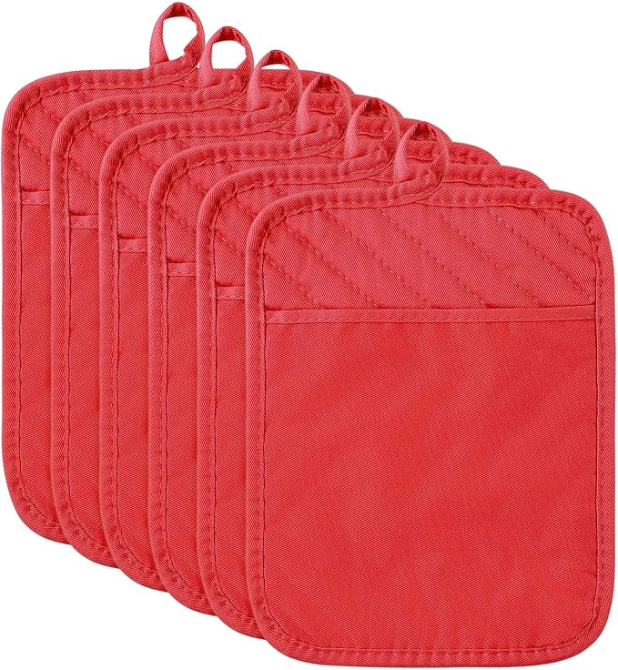 R HORSE 6 Pack Red Pot Holders with Pocket for Kitchen, 7''x 9'' | Cotton Kitchen Potholder, Heat Resistant Oven Mitts, Non-Slip Hot Pads Terry Cloth, Ideal for Baking, Cooking, Christmas Gift