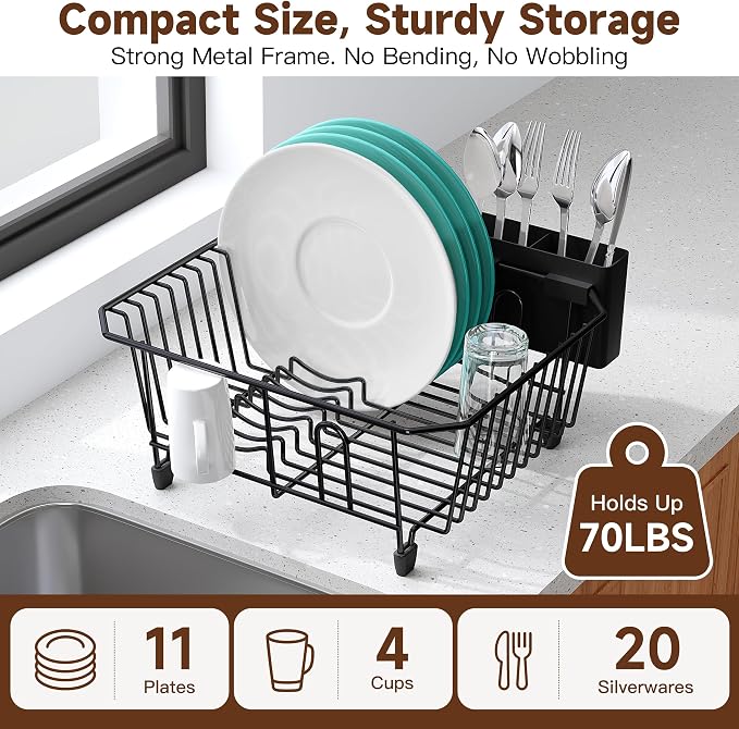 JASIWAY in Sink Dish Drying Rack, Stainless Steel Small Black Dish Drainer | Perfect Fit 12"x14" Double Bowl Sink, Counter Space Saving for Kitchen, Apartment, Sturdy Dish Dryer with Utensil Holder