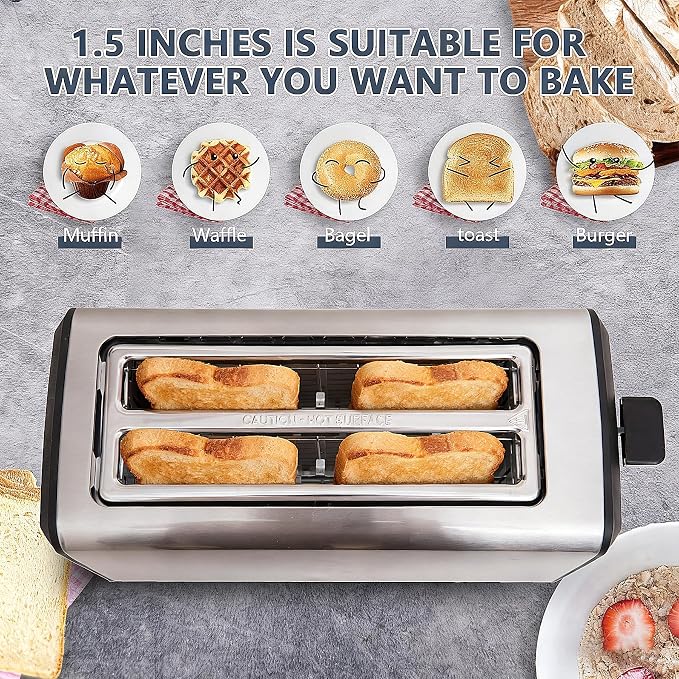4 Slice Long Slot Stainless Steel Toaster with Extra Wide 1.5” Slots | 6 Shade Browning Settings, Defrost Reheat Cancel Functions, Even Toasting for Artisan & Sourdough Bread, Removable Crumb Tray