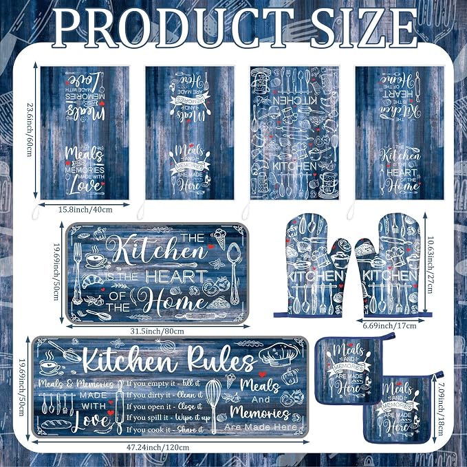 Fourluoo 10 Pcs Blue Kitchen Decor and Accessories Oven Mitts and Pot Holders Sets Farmhouse Dish Towels Blue and Gray Kitchen Rugs Mats for Home Baking Cooking Birthday Summer Decorations Women Gifts