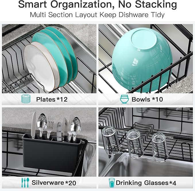 JASIWAY Black Dish Drying Rack in Sink with Drainboard and Utensil Holder | Use Over the Sink or Counter, Stainless Steel Expandable Dish Drainer for Small Kitchen, Space Saving, Fast Drain, Rustproof