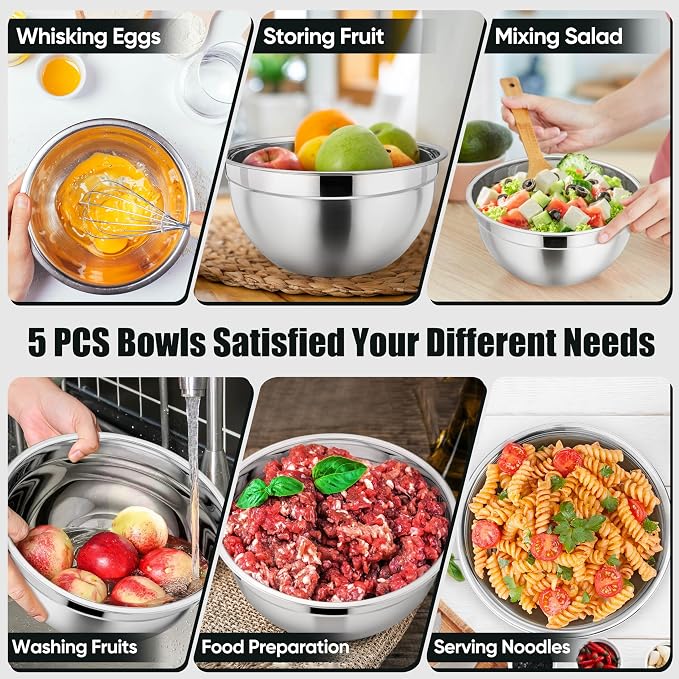 P&P CHEF Metal Mixing Bowls with Lids Set, Airtight Lids & Black | 5 PCS Stainless Steel Mixing Nesting Bowls for Kitchen Prepping, Storing, Healthy & Easy Clean, Size 4.6, 3, 1.5, 1, 0.7 QT