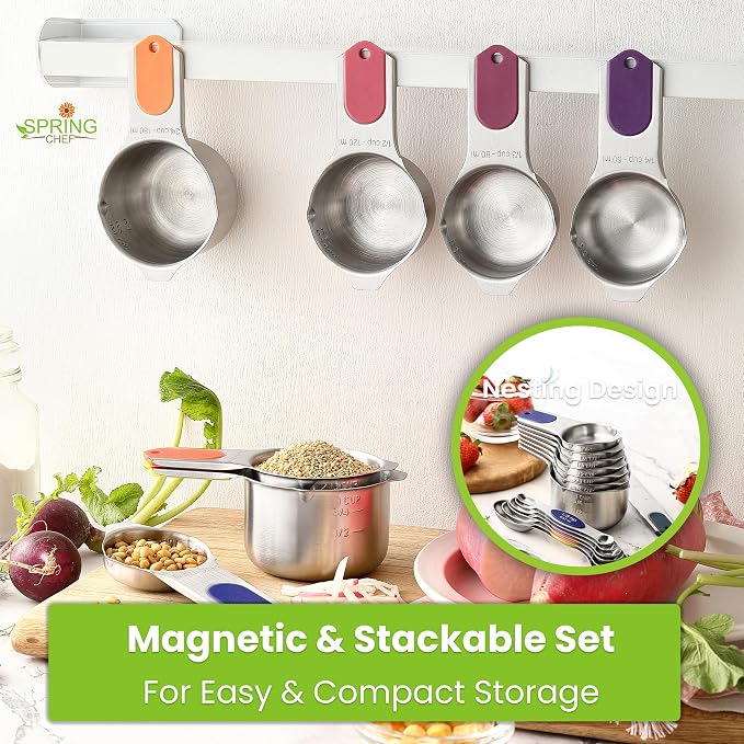 Spring Chef Magnetic Measuring Cups & Spoons Set of 15, Mountain Sunrise | Patented Nesting Stainless Steel Measuring Cups & Heavy Duty Metal Measuring Spoons w/ Levelers for Dry & Liquid Ingredients