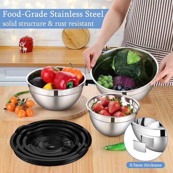 LIANYU Mixing Bowls with Lids Set of 3, Stainless Steel Nesting Metal Bowls | Large & Small Bowl for Kitchen Storage, Dishwasher Safe & Easy Cleaning, Size 1.5QT & 3QT & 4.6QT, Black