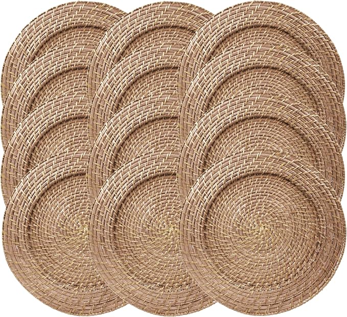 Rattan Plate Chargers, Round Woven, Harvest, Set of 12 | Handwoven Natural Rattan With Warm Finish, 13x13in Round Fit For Dinner Plates, Durable Charger Set For Weddings & Banquets