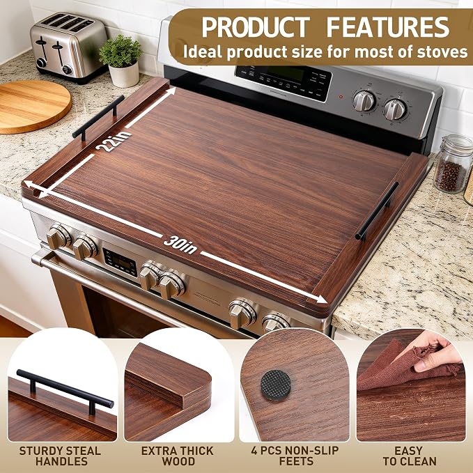 Noodle Board Stove Cover with Handles, Wood Stove Top Covers for Electric Stove and Gas Burners, Wooden Decorative Serving Tray Kitchen Sink Cover for Counter Space (Walnut)