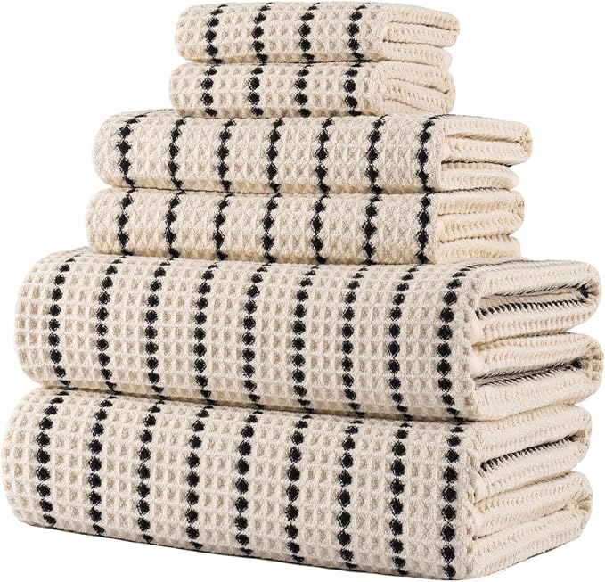 POLYTE 430 GSM Poly Blend Microfiber Quick Dry Waffle Bath Towel Set of 6 | 2-Body Towels, 2-Hand Towels, 2-Wash cloths, Oversize, Lint Free