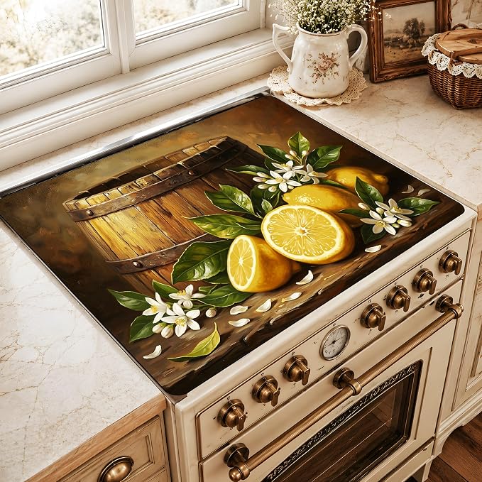 Lemon Floral Stove Top Cover 28.3 x 20.5 Inch, Rustic Farmhouse Glass Cooktop Protector Mat, Vintage Citrus Barrel Electric Range Cover for Kitchen Counter Decor (Lemon Yellow)