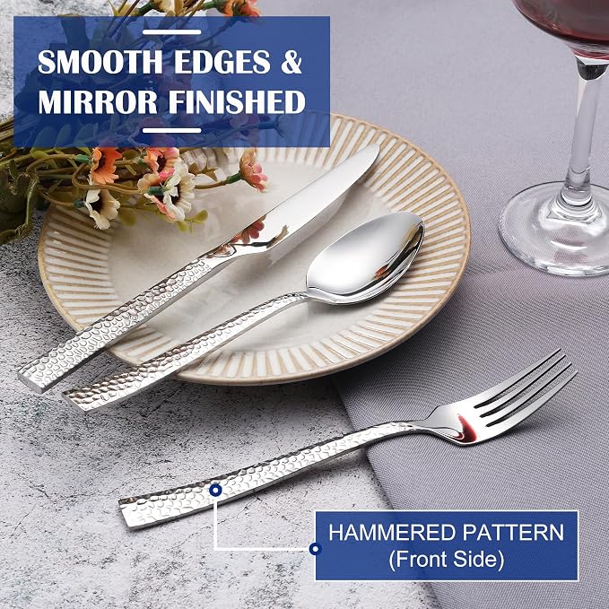 E-far 12-Piece Hammered Silverware Set, Stainless Steel Flatware Set for 4 | Mirror Polished Forks Spoons and Knives Utensils, Square Cutlery Set for Home Kitchen Restaurant, Dishwasher Safe