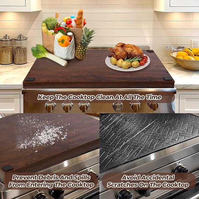 WOLKI 30" Noodle Board Stove Top Cover For Gas & Electric Stoves, Walnut | Heavy-Duty Wooden Stove Cover (30"L x 22"W x 2.4"Th) With Handles For RV Stoves, Serving Tray & Space Saver