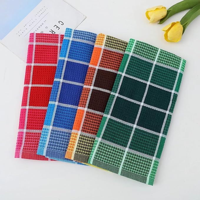 Bright Large Kitchen Towels, 4-Pack, 16 Inch x 26 Inch Buffalo Check Dish Towels for Washing Drying Dishes, Colorful Waffle Design Tea Towel Bar Towel, Buffalo