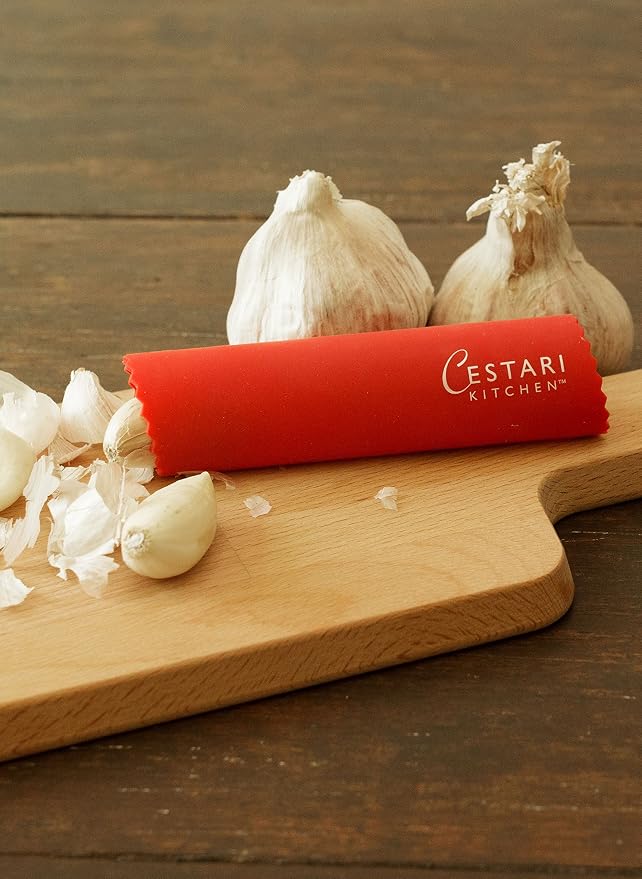 Set of 2 Red Garlic Peeler Silicone Tube Rollers - Easy Roll Garlic Skin Remover - Sturdy Thick Odor Free - Peels Multiple Cloves of Garlic in Seconds - Cestari Kitchen Garlic Peelers are BPA Free