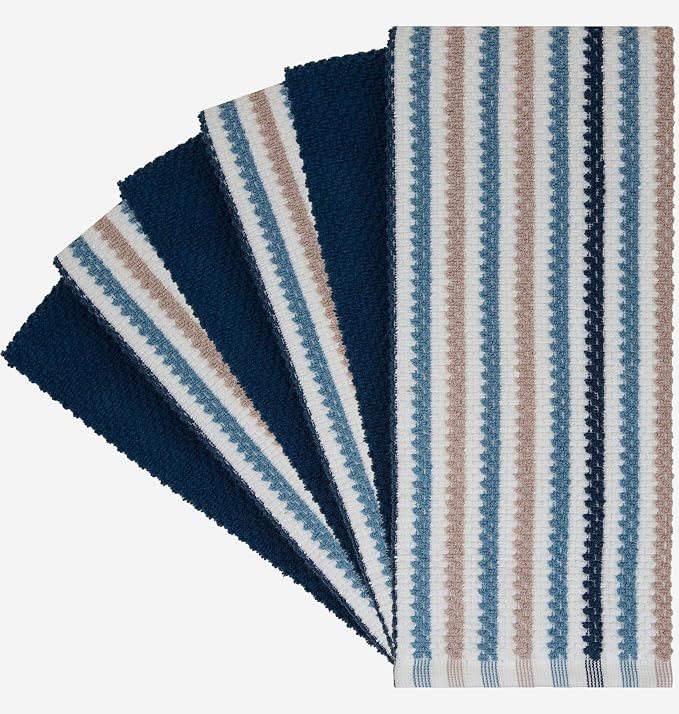 Bumble Kitchen Towels 6 Pack 100% Cotton 16"x26" - Blue Wide Stripe | 430 GSM Soft Kitchen Hand Towels with Hanging Loop, Highly Absorbent & Durable for Washing and Drying Dishes